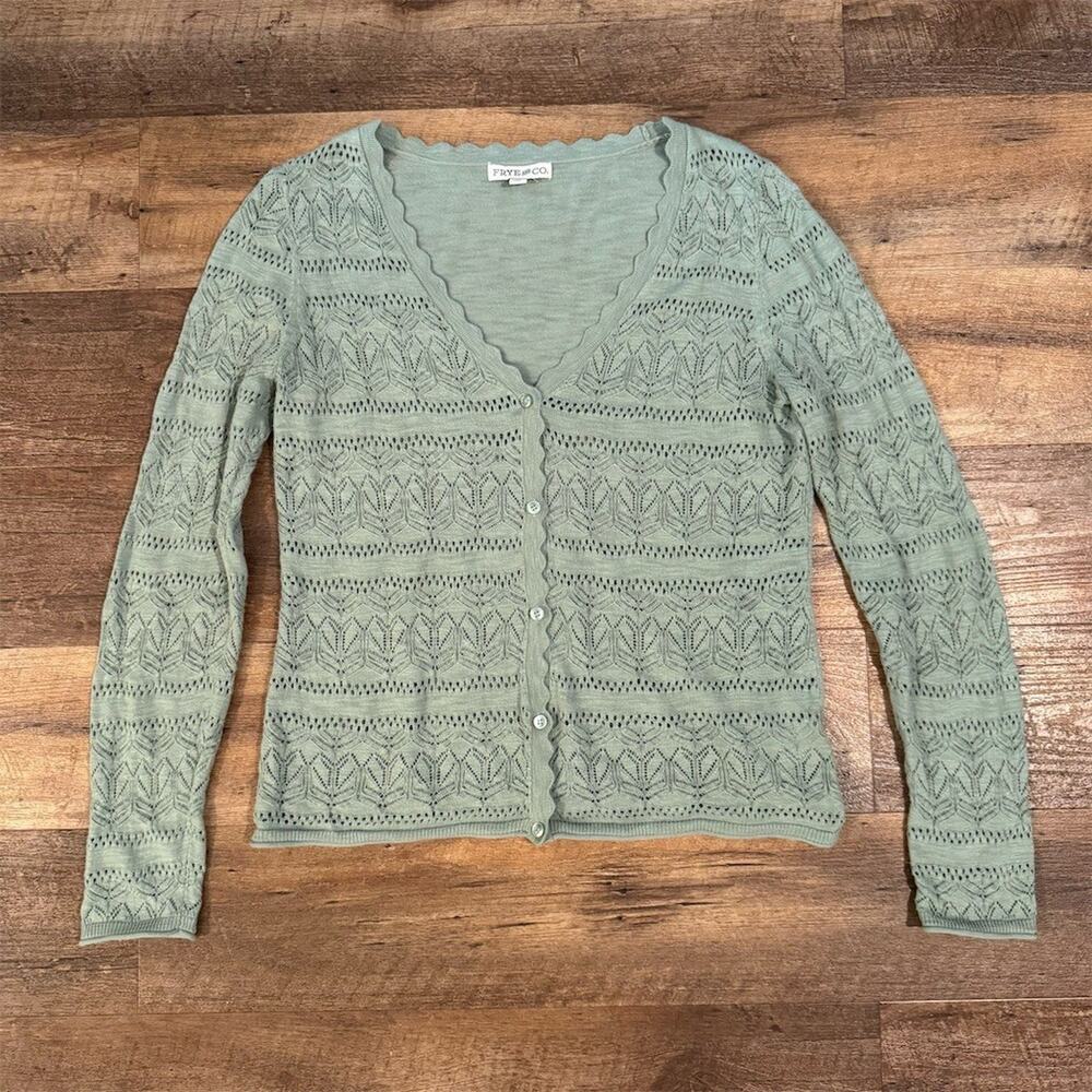 Frye & Co. Cardigan Sweater M Sage Green Pointelle Feminine Office Career Boho